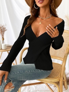 Foto 2 | Foto 2 | Jersey Cupshe Acanalado De Manga Larga Con Cuello En V 2024 Fall Black M - Venta Internacional.