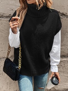 Foto 6 | Foto 6 | Chaleco Tipo Suéter Wdirara, Cuello Alto, Manga Corta, Punto Negro, Talla M, Para Mujer - Venta Internacional.
