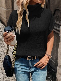 Foto 7 | Foto 7 | Chaleco Tipo Suéter Wdirara, Cuello Alto, Manga Corta, Punto Negro, Talla M, Para Mujer - Venta Internacional.