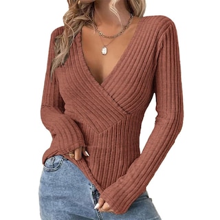 Foto 1 | Foto 1 | Jersey Wrolem Para Mujer, Cuello En V Profundo, Manga Larga, Marrón Claro - Venta Internacional.