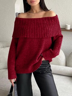 Foto 4 | Foto 4 | Jersey Saodimallsu Para Mujer, Tejido Con Hombros Descubiertos, Color Rojo Vino - Venta Internacional.