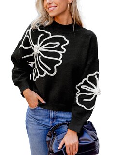 Foto 1 | Foto 1 | Jersey Cupshe Para Mujer, Manga Larga, Cuello Alto, Estampado Floral, Negro - Venta Internacional.