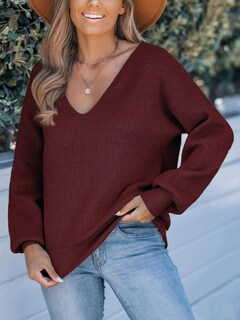 Foto 3 | Foto 3 | Jersey Cupshe Para Mujer, Cuello En V, Manga Larga, Lazo, Gran Tamaño, Rojo - Venta Internacional.