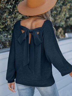 Foto 2 | Foto 2 | Jersey Cupshe Para Mujer, Cuello En V, Manga Larga, Lazo, Gran Tamaño, Azul - Venta Internacional.