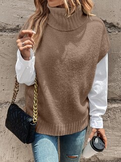 Foto 4 | Foto 4 | Chaleco Tipo Suéter Wdirara Para Mujer, Cuello Alto, Punto, Color Caqui - Venta Internacional.
