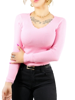 Foto 1 | Foto 1 | Suéter para Mujer Cuello V Canalé Rosa Claro