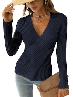 Foto 1 | Foto 1 | Jersey Cupshe Para Mujer, Cuello En V, Manga Larga, Tejido Trenzado, Azul Marino - Venta Internacional.