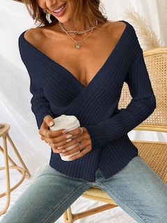 Foto 2 | Foto 2 | Jersey Cupshe Para Mujer, Cuello En V, Manga Larga, Tejido Trenzado, Azul Marino - Venta Internacional.