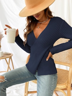 Foto 4 | Foto 4 | Jersey Cupshe Para Mujer, Cuello En V, Manga Larga, Tejido Trenzado, Azul Marino - Venta Internacional.