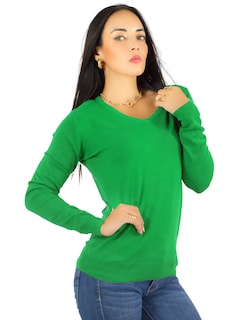 Foto 1 | Foto 1 | Suéter Para Mujer De Manga Larga Con Cuello En V Unitalla Sweater Dama De Punto Suet-1003 Verde Casual Formal