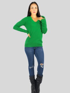 Foto 2 | Foto 2 | Suéter Para Mujer De Manga Larga Con Cuello En V Unitalla Sweater Dama De Punto Suet-1003 Verde Casual Formal
