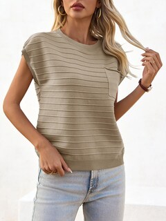 Foto 4 | Foto 4 | Summer Tops Saodimallsu Suéter De Punto Con Manga Corta Para Mujer, Color Caqui - Venta Internacional.