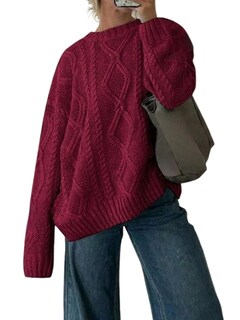 Foto 1 | Foto 1 | Jersey Zaful De Punto Trenzado Para Mujer, Cuello Redondo, Rojo Vino, Talla L - Venta Internacional.