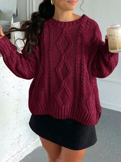 Foto 2 | Foto 2 | Jersey Zaful De Punto Trenzado Para Mujer, Cuello Redondo, Rojo Vino, Talla L - Venta Internacional.