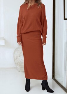 Foto 5 | Foto 5 | Outfit Prettygarden - Jersey Y Maxi Falda Para Mujer, Color Rojo Oxidado - Venta Internacional.