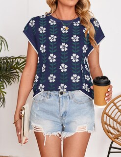 Foto 2 | Foto 2 | Camiseta Zesica Para Mujer, Estampado De Verano, Manga Corta, Cuello Redondo, Azul Marino - Venta Internacional.