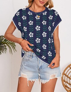Foto 3 | Foto 3 | Top Zesica De Verano Con Estampado Casual De Manga Corta Y Cuello Redondo Para Mujer - Venta Internacional.