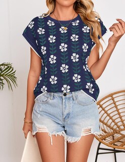 Foto 4 | Foto 4 | Top Zesica De Verano Con Estampado Casual De Manga Corta Y Cuello Redondo Para Mujer - Venta Internacional.