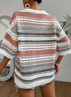 Foto 5 | Foto 5 | Jersey Acelit De Ganchillo Para Mujer, Manga Corta, Cuello En V, A Rayas - Venta Internacional.