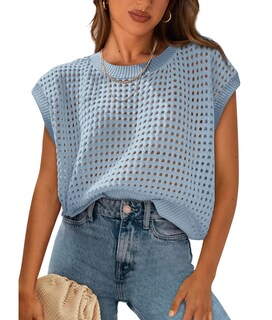 Foto 1 | Foto 1 | Camiseta Prettygarden Para Mujer, Ganchillo Primavera-verano, Azul Claro - Venta Internacional.