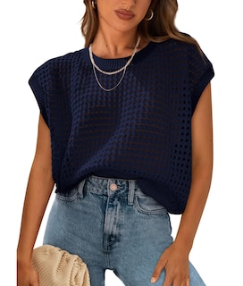 Foto 1 | Foto 1 | Camiseta Prettygarden De Algodón Azul Marino Tejida A Ganchillo Para Mujer, Primavera Y Verano - Venta Internacional.