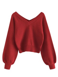 Foto 1 | Foto 1 | Jersey Zaful Para Mujer Con Cuello En V Corto, Manga Larga, Rojo, Talla S - Venta Internacional.