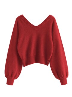 Foto 2 | Foto 2 | Jersey Zaful Para Mujer Con Cuello En V Corto, Manga Larga, Rojo, Talla S - Venta Internacional.