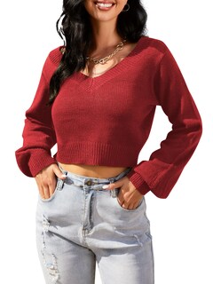 Foto 5 | Foto 5 | Jersey Zaful Para Mujer Con Cuello En V Corto, Manga Larga, Rojo, Talla M - Venta Internacional.
