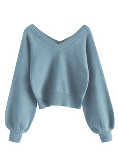 Foto 1 | Foto 1 | Jersey Corto Zaful Con Cuello En V De Manga Larga Para Mujeres - Azul - Venta Internacional.