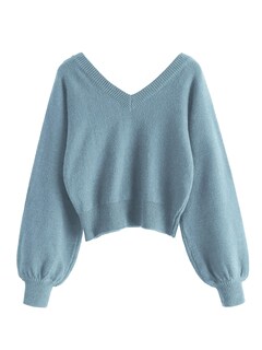 Foto 2 | Foto 2 | Jersey Corto Zaful Con Cuello En V De Manga Larga Para Mujeres - Azul - Venta Internacional.