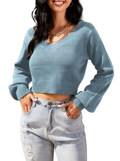Foto 5 | Foto 5 | Jersey Corto Zaful Con Cuello En V De Manga Larga Para Mujeres - Azul - Venta Internacional.