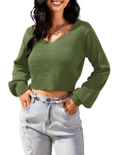 Foto 5 | Foto 5 | Jersey Zaful Para Mujer Con Cuello En V Corto Y Manga Larga, Color Verde Claro - Venta Internacional.