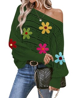 Foto 1 | Foto 1 | Jersey Cakulo Con Hombros Descubiertos, Otoño 2024, Flor, Verde Oscuro - Venta Internacional.