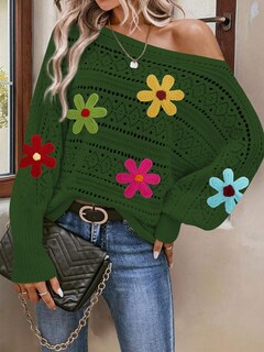 Foto 2 | Foto 2 | Jersey Cakulo Con Hombros Descubiertos, Otoño 2024, Flor, Verde Oscuro - Venta Internacional.