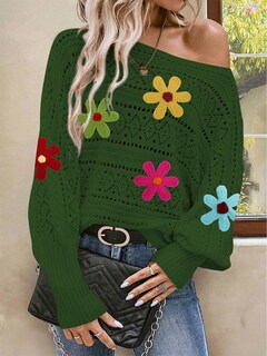 Foto 6 | Foto 6 | Jersey Cakulo Con Hombros Descubiertos, Otoño 2024, Flor, Verde Oscuro - Venta Internacional.