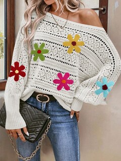 Foto 2 | Foto 2 | Jersey Cakulo Con Hombros Descubiertos Para Otoño De 2024, Flor Blanca S - Venta Internacional.