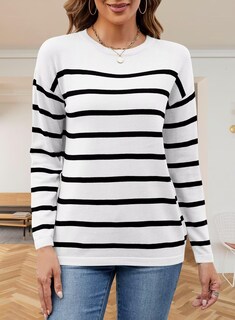 Foto 3 | Foto 3 | Suéteres Qacohu De Otoño Para Mujer 2024, Casual, Punto A Rayas, Blanco, S - Venta Internacional.