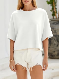 Foto 4 | Foto 4 | Jersey Cicky Bell Para Mujer Media Manga Cuello Barco De Gran Tamaño Blanco - Venta Internacional.