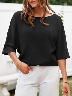 Foto 2 | Foto 2 | Jersey Cicky Bell Para Mujer Media Manga Cuello Barco De Gran Tamaño Negro - Venta Internacional.