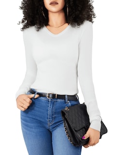 Foto 1 | Foto 1 | Suéter Para Mujer De Manga Larga Con Cuello En V Unitalla Sweater Dama De Punto Suet-1003 Blanco Formal