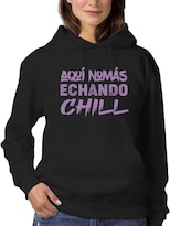 Sudadera Smartprintsink Con Capucha Para Mujer Aqui Nomas Echando Chill. Color Negro