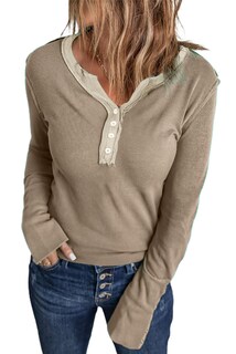 Foto 1 | Foto 1 | Top Tipo Túnica Acelitt De Punto Gofrado Con Cuello En V Y Botones, Color Caqui, Para Mujer - Venta Internacional.