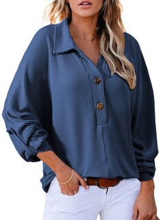 Foto 1 | Foto 1 | Camisa Elegante Con Cuello En V Holgado Para Mujer, Manga Larga, Azul Marino - Venta Internacional.