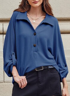 Foto 2 | Foto 2 | Camisa Elegante Con Cuello En V Holgado Para Mujer, Manga Larga, Azul Marino - Venta Internacional.