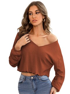 Foto 1 | Foto 1 | Camiseta Sweatyrocks De Punto Acanalado Con Cuello En V Y Manga Larga Para Mujer - Venta Internacional.