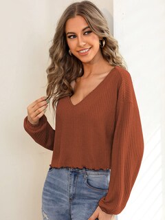Foto 4 | Foto 4 | Camiseta Sweatyrocks De Punto Acanalado Con Cuello En V Y Manga Larga Para Mujer - Venta Internacional.