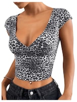 Camiseta Con Estampado De Leopardo Con Estampado De Leopardo, Manga Corta, Cuello En V, Color Gris Y2k - Venta Internacional.