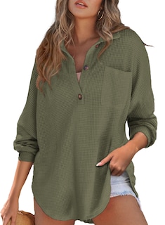 Foto 1 | Foto 1 | Camisa Astylish Henley Para Mujer, Manga Larga, Cuello En V, Gofre, Verde Musgo - Venta Internacional.