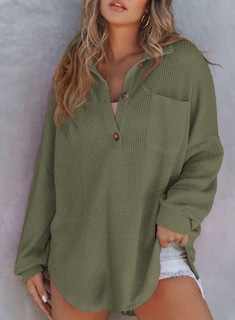 Foto 2 | Foto 2 | Camisa Astylish Henley Para Mujer, Manga Larga, Cuello En V, Gofre, Verde Musgo - Venta Internacional.