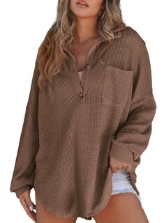 Foto 1 | Foto 1 | Camisa Astylish Henley Para Mujer, Manga Larga, Cuello En V, Color Café, Xxl - Venta Internacional.